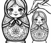 Coloriage La main d'un dessinateur avec des poup&eacute;es russes Matrioshka