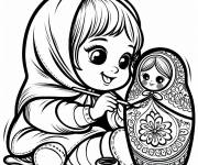 Coloriage Petite fille qui décore la poupée Matrioshka