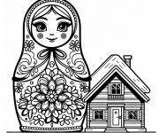 Coloriage Poupée Matrioshka prés d'un jouet de maison