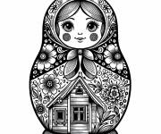 Coloriage Poup&eacute;e russe Matrioshka avec une maison comme d&eacute;coration
