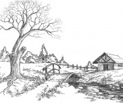 Coloriage Paysage de Campagne au crayon