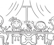 Coloriage La Famille sur La Table de Dîner