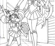 Coloriage Chibi Moon et Sailor Moon fond de la ville