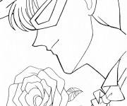 Coloriage Mamoru masqu&eacute; avec une fleur pour sa bien aim&eacute;e