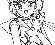 Coloriage Sailor Mercury et son chat la lune noire