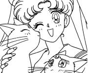 Coloriage Sailor Moon avec ses deux chats adorables