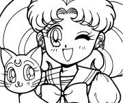 Coloriage Sailor Moon et son chat kawaii
