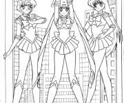 Coloriage Trois Princesses Sailor Moon dans la ville