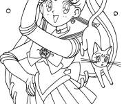 Coloriage Usagi se transforme en Sailor Moon &agrave; l'aide de son chat