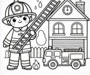 Coloriage Le pompier contre le feu en maison