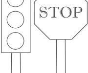 Coloriage Panneau stop et les feus de la rue pour la s&eacute;curit&eacute; routi&egrave;re