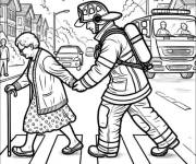 Coloriage Pompier aide la veille dame à traverser la rue