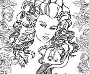 Coloriage Signe Lion comme Fille avec des Fleurs Rose