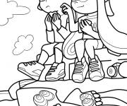 Coloriage Gar&ccedil;on et fille Inkling se repose apres le combat