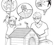 Coloriage Anya et Loid construisant une niche de Bond