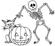 Coloriage Chat et squelette avec la citrouille de Halloween
