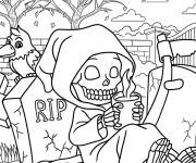 Coloriage Squelette aime boire du café dans la cimetière