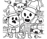 Coloriage Squelette avec ses amis pendant la fête de Halloween
