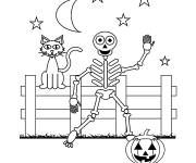 Coloriage Squelette avec son chat pour Halloween