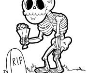 Coloriage Squelette avec une bouquet de fleur à la cimetière