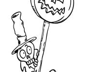 Coloriage Squelette se cache derrière une citrouille de Halloween