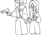 Coloriage Les agents de s&eacute;curit&eacute; levant leur armes Squid Games