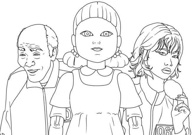 Coloriage Poupée et joueurs de Squid Games
