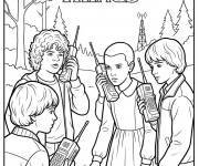 Coloriage Dustin, Will, Steve et Onze parlent sur les talkies-walkies
