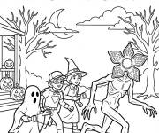 Coloriage Les enfants chassent D&eacute;mogorgon pendant le Halloween