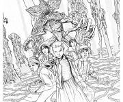 Coloriage Sc&egrave;ne de h&eacute;ro&iuml;sme dans Stranger Things an atmosph&egrave;re of mystery