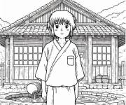 Coloriage Chihiro personnage de Ghibli debout devant la maison de bains