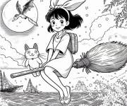 Coloriage Kiki de Ghibli sur son balai avec Jiji
