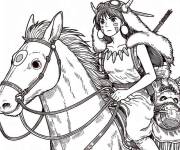 Coloriage Princesse Mononok&eacute; San chevauchant Moro du Studio Ghibli