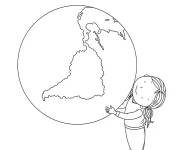 Coloriage Fille tenant la plan&egrave;te Terre