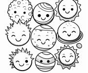 Coloriage le syst&egrave;me solaire avec les plan&egrave;tes kawaii