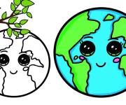 Coloriage Plan&egrave;te Terre kawaii avec mod&egrave;le en couleurs