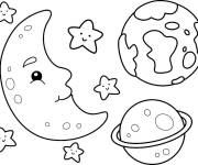 Coloriage Terre et croissant de lune avec saturne