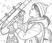 Coloriage Une fille utilise un télescope pour voir le système solaire