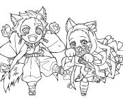 Coloriage Chibi Tanjiro Kamado et Nezuko en s'amusant