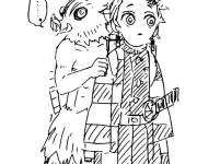 Coloriage Inosuke Hashibira se cache derri&egrave;re Tanjiro Kamado