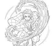 Coloriage Sc&egrave;ne o&ugrave; Tanjiro utilise une technique de respiration