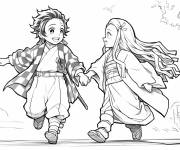 Coloriage Tanjiro avec sa soeur Nezuko se baladent