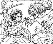 Coloriage Tanjiro combat un d&eacute;mon dans un temple