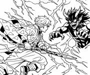 Coloriage Tanjiro dans un combat tr&egrave;s difficile contre le d&eacute;mon