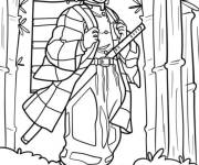 Coloriage Tanjiro dans une for&ecirc;t de bambous