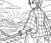 Coloriage Tanjiro debout au sommet d'une colline &agrave; l'aube