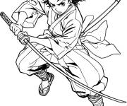 Coloriage Tanjiro en pleine frappe, son &eacute;p&eacute;e fendant l'air