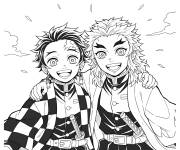Coloriage Tanjiro et Kyojuro sourient