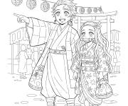 Coloriage Tanjiro et Nezuko au festival
