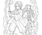 Coloriage Tanjiro et Nezuko encercl&eacute;s